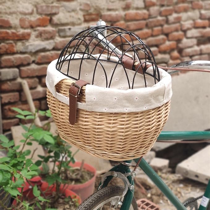 Wicker Bike Basket for Small Dogs Cats Pet Carrier Bicycle Front Basket with Wire Mesh Cover, 30*25cm