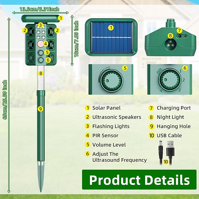 2026 Solar Sonic Racoon Fortress Pro Outdoor Cat Repellent, Ultrasonic Animal Repeller Squirrel Rabbit Deterrent with Motion Sensor&Flash Light to Scare Dog Skunk Out of Garden Yard Farm(