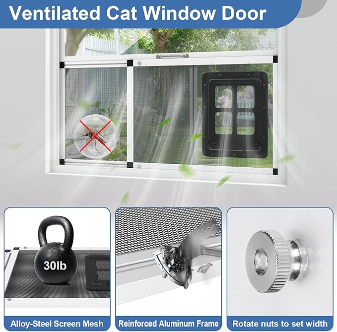 Ventilated Pet Door for Window, Fits 38"-44" Width Window, 2-Min Install | Aluminum Frame + Stainless Steel Mesh | Breathable Bug-Proof | Magnetic Closure Window Cat Door, Cat Door for Window Insert