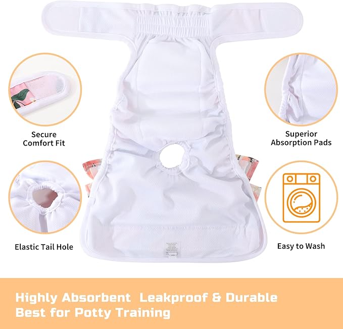 Reusable Dog Diapers Female 3 Pack Washable Premium Highly Absorbent Doggie Diapers, Flexible Puppy Diapers, Durable Leak-Proof Fruit Dog Diapers for Period Heat Incontinence Puppy Training, L