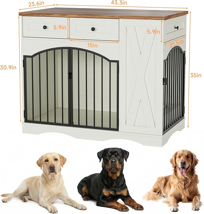 43.3" Furniture Style Dog Crate with 3 Storage Drawers, Heavy Duty Wood Pet Kennel with Removable Feeder, Modern End Table Dog House with Dual Doors for Large Dogs (41-70 lbs) (Brown)