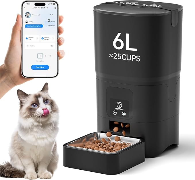 PAPIFEED Automatic Cat Feeder, 6L Smart WiFi Cat Food Dispenser with App Control, Bluetooth-Assisted Setup, Stainless Steel Bowl, Anti-Clog Design for Dry Cat Food