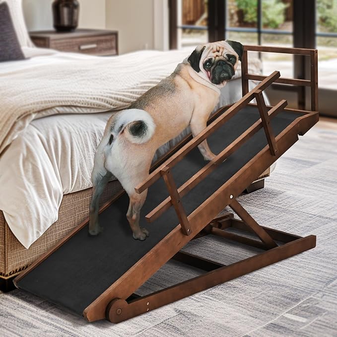 Dog Ramp for Bed, Adjustable Pet Ramps for Dog to Get on Bed, Non-Slip Rubber Surface - Folding Wooden Dog Ramp for Small/Large/Old Dogs, Adjustable up to 27.5 inch High Beds, Safety Railings