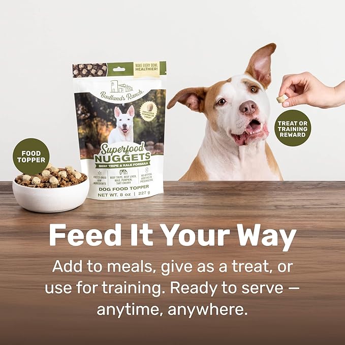 BADLANDS RANCH Superfood Nuggets – Freeze-Dried Raw Dog Treat & Food Topper, Nutrient-Dense Beef Tripe & Kale Formula, High Protein, No Artificial Additives, 8oz Bags (4-Pack Bundle)