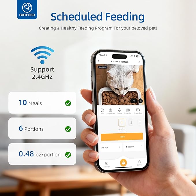 PAPIFEED Automatic Cat Feeder 6L 2.4G WiFi Smart Pet Feeder with Camera & Two-Way Audio, Adjustable Angle, Easy to Clean Detachable Feeding Schedule 1-10 Meals Per Day for Cats & Small Dogs - White