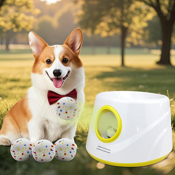 Automatic Dog Ball Launcher, Upgraded Interactive Dogs Balls Thrower for Small and Medium Dogs, Distance Adjustable Mental Stimulating Dog Toys with 4 Durable Etpu Balls 2.2 Inch (Yellow)
