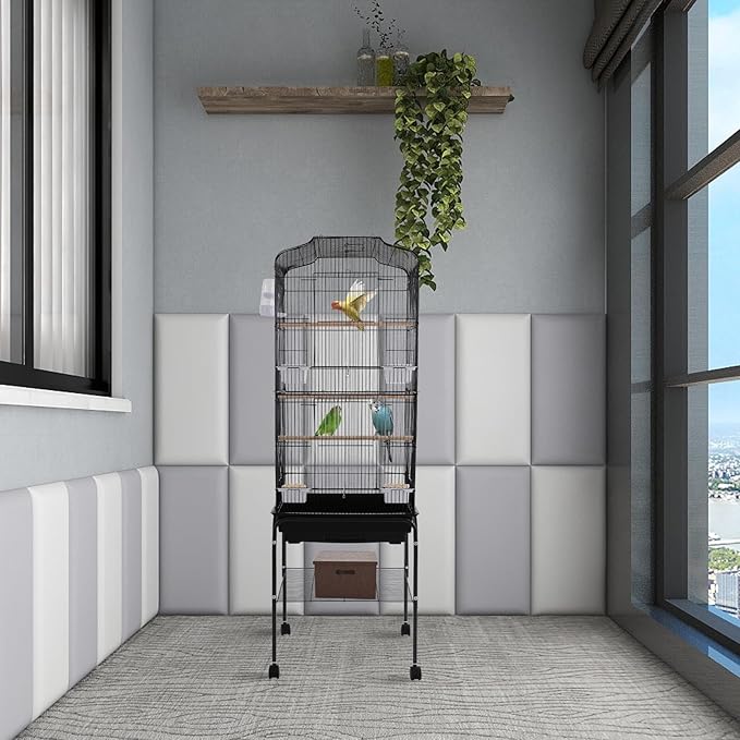 Bird Cage with Wheels, Breeding Cage Wrought Iron Flight Cage with Wooden Stand, Removable Tray & Feeding Bowls for Parrots, Canaries, Lovebirds Finches, 18" L x 14.6" W x 54" H