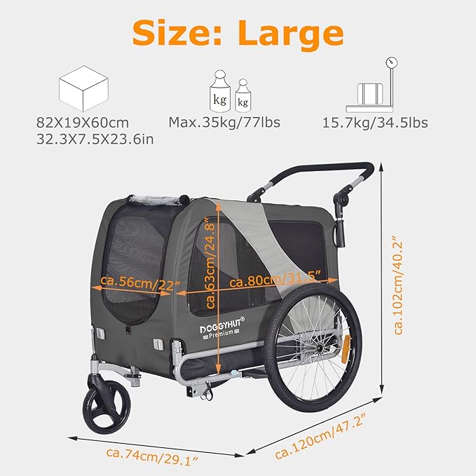 DOGGYHUT® Premium Large/XL Pet Bike Trailer & Stroller for Large Sized Dog or Multiple Small Dogs,Low Center of Gravity,Parking Brakes,Easy Folding Frame,Bicycle Carrier