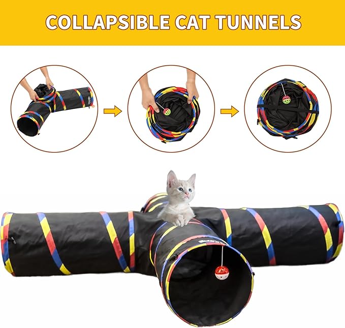 4 Way Large Cat Tunnels for Indoor Cats - 10" Diameter & 47" Long Play Tunnel Toy - Cat Tube with Play Ball & Mouse Toy - Interactive Peephole (Black)