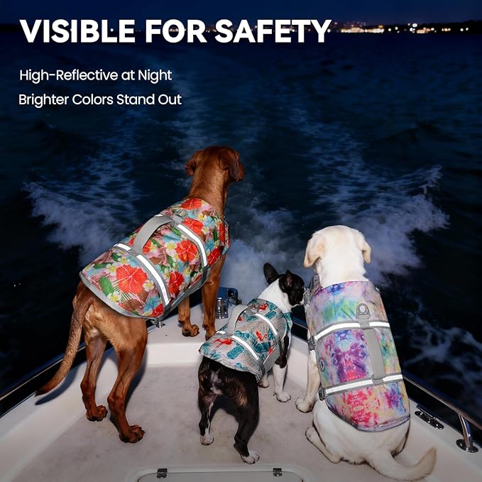 VIVAGLORY Rip Stop Dog Life Vest, Swimming Vest with Handle, Buoyancy for Doggy Puppy, Dog Life Jacket for Swimming & Boating, L, Floral Orange