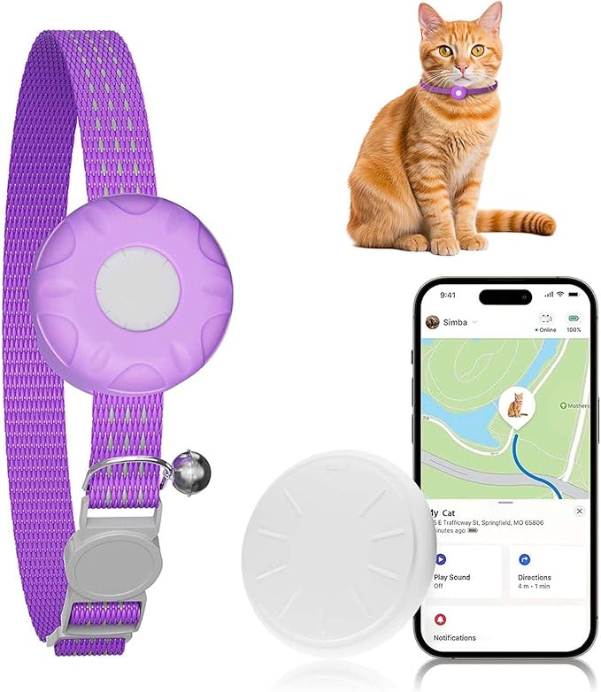 GPS Tracker for Cats, Cat Tracker Collar with Safety Elastic Buckle, Compatible with Apple Find My App (Only iOS), No Monthly Fee, Waterproof (White Tracker, Purple Cat Collar)
