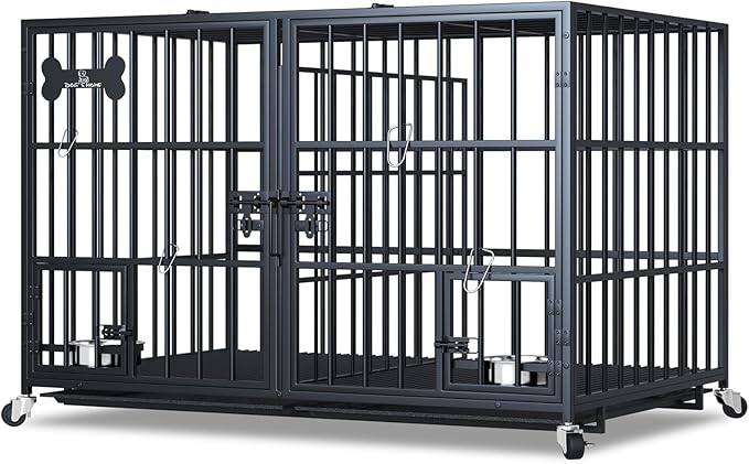 Dosker 48/42 inch XL Dog Crate for Large Dog/Double Medium Dogs,Heavy Duty Metal Dog Cages,All Metal Open Top Stackable,Dog Kennel Indoor with Wheels,Floor Grid, Tray, Divider and Feeding Bowl