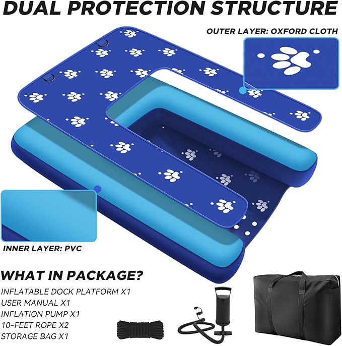 Inflatable Dock Platform, Dog Boat Ramp Floating Non-Slip Oxford and PVC with Water Ramp for Dogs Pool, Dock, Lake with Traction Rope, Manual Air Inflation Pump Dark Blue (4.7ft x 3ft x 6in)