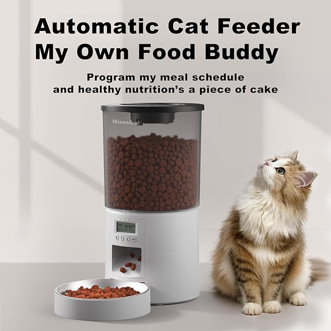 Automated Cat Feeder,Clear 4.2L Dry Food Dispenser with Single Bowl,Programmable Timed Pet Feeder for Up to 6 Daily Meals,10-Second Voice Message & Dual Power Backup (White, 4.2L Press Version)