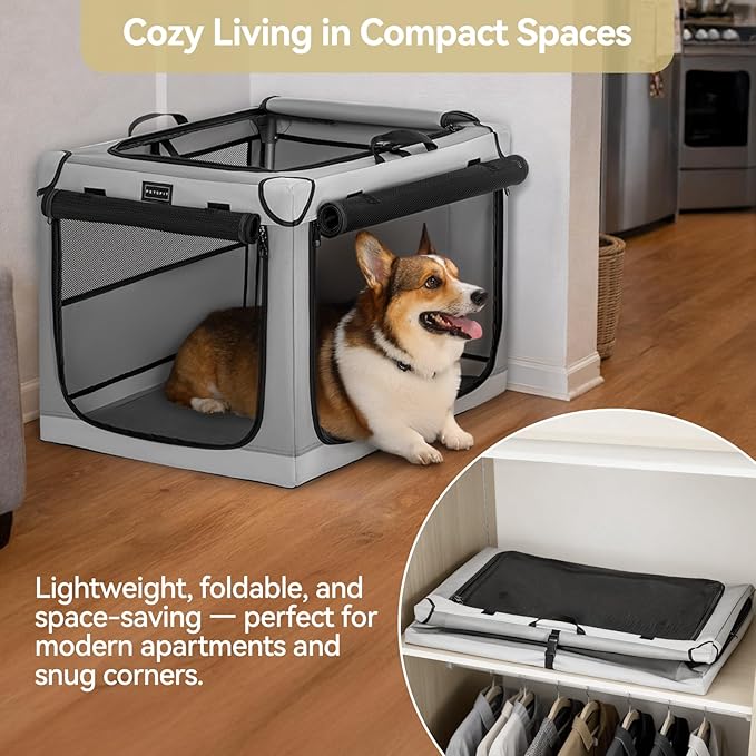 PETSFIT Portable Dog Crate for Small Dogs, – 24" Soft Dog Travel Crates with Lockable Zippers & Thicken Mat, Adjustable Patented Spiral Steel Frame, Collapsible Kennel for Indoor & Outdoor