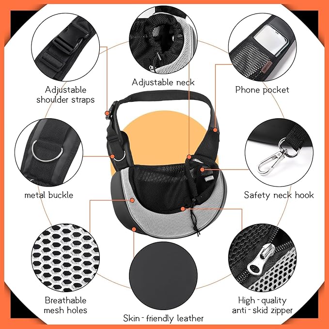 YUDODO Pet Sling Carrier for 2-5 lbs Small Dogs & Cats – Hands-Free Puppy Carrier with Safety Hook, Large Zipper Pocket, Soft Breathable Mesh, Adjustable Strap & Reflective Strip (Gray 3.0 S)