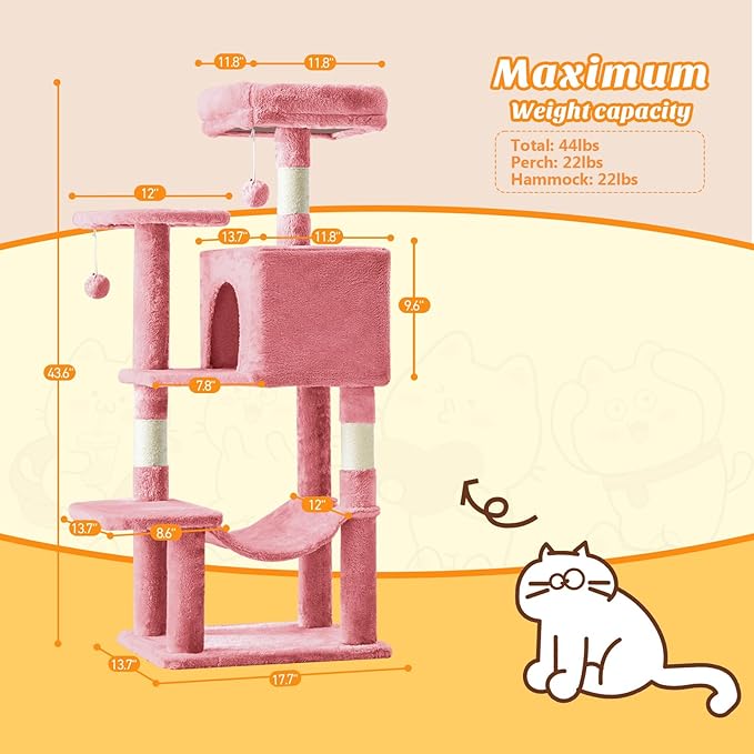 Sweetcrispy 44 Inch Cat Tree Tower, Cat Climbing Tower with Natural Sisal Scratching Posts, Hammock, Pet Condo for Indoor Cats and Kittens Play, Pink