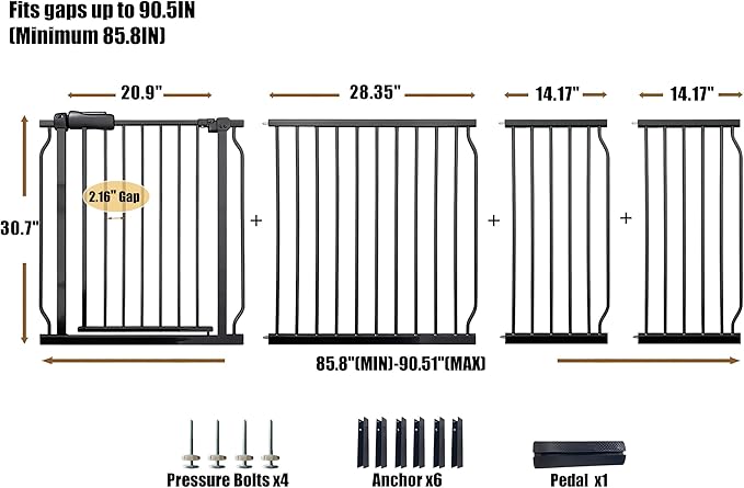 Extra Wide Baby Gate 85.8-90.5 Inch, Pressure Mounted No Drilling, for Stairs & Doorways, Metal Black Indoor Safety Gate for Kids and Dogs