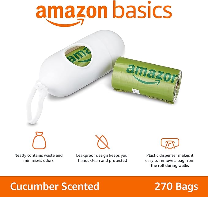 Amazon Basics Premium Leak Proof Dog Poop Bags with Dispenser and Leash Clip, Cucumber Scented, 13" x 9", 270 Count (18 Rolls of 15)