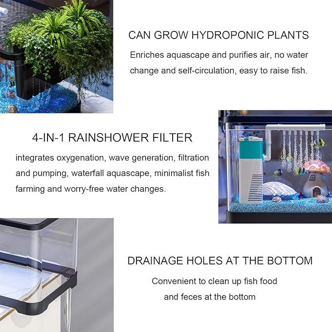 Fish Tank Aquarium Kit,Turtle Tank Kit with 3-in-1 Silent Water Pump Filter System, Self Cleaning Aquarium Starter Kit with LED Light Suitable for Small Fish Or Shrimp,Bottom Drainage(Small)