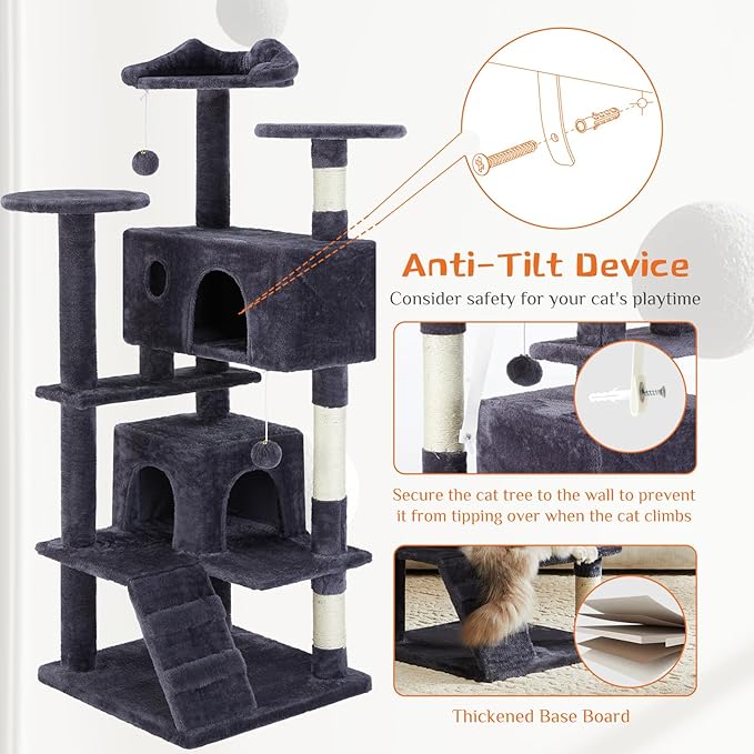 Sweetcrispy 54 Inch Cat Tree Tower, Multi-Level Tower with Cat Scratching Post, Indoor Cat Condo with Climbing Ladder, Plush Toy, Play House for Cat, Dark Grey