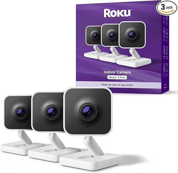 Roku Indoor Camera - Home Security - Wired Security Camera & Pet Monitor with 1080p HD Color Night Vision, Works with Alexa & Google, Motion & Sound Detection, WDR & WiFi 6 (Pack of 3)