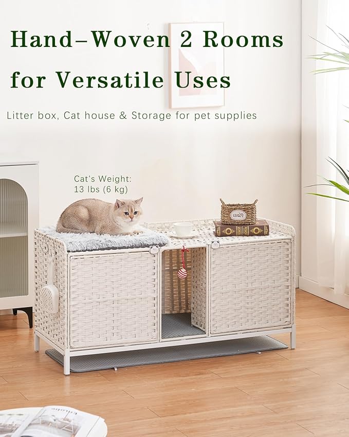 Cat Litter Box Enclosure for 2 Cats, Hidden Litter Box Furniture with Mat, Large Rattan Cat House with Double Room and Door, 47.3 L x 19.7 W x 24 H, 2 S-Shaped Hooks for Living Room White