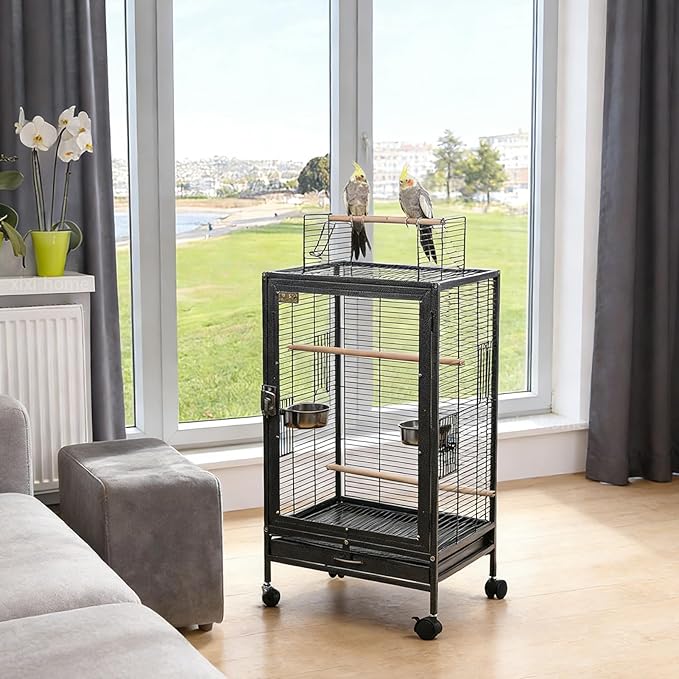 xixi-home Clear Parrot Cage,Metal Bird Cage Ornamental Cage -with Play Top and Wheel,Large Birdcage Flying Birdcage for Outdoors for Parakeet,Lovebirds,Cockatiels(Type B - Black)