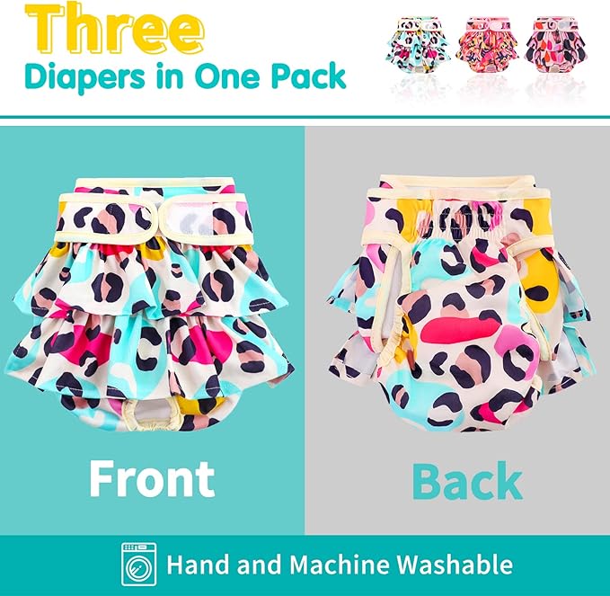 Washable Dog Diapers Female 3 Pack Reusable Premium Highly Absorbent Doggie Diaper, Flexible Puppy Diaper, Durable Leak-Proof Leopard Dog Diapers for Period Heat Incontinence Puppy Training, L