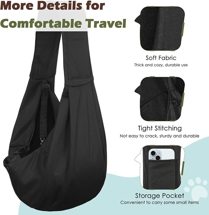 Pawaboo Small Dog Sling Carrier, Reversible Hands Free Dog Sling Carriers for Small Dogs and Cats, Puppy Slings Carrier with Adjustable Strap Buckle & Safety Harness, Puppy Essentials, Black