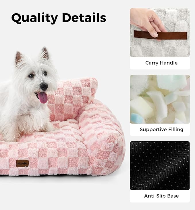 Made4Pets Cat and Dog Indoor Couch Bed, Soft Faux Fur Checkered Pet Sofa, Cozy Fluffy Pet Sofa with Supportive Foam, Removable Washable Cover with Non-Slip Base, Pink, Medium