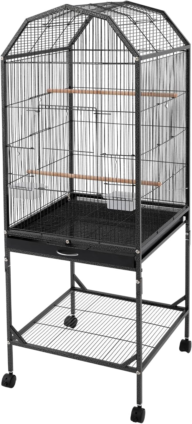 Bird Cage with Wheels, Open Top Breeding Cage Wrought Iron Flight Cage with Rolling Stand, Removable Tray & Feeding Bowls for Parrots, Canaries, Lovebirds Finches, 18" L x 18" W x 54" H