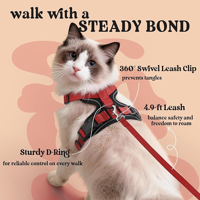 rabbitgoo Cat Harness and Leash for Walking, Escape Proof Soft Adjustable Vest Harnesses for Cats, Easy Control Breathable Reflective Strips Jacket, Black & Red, S