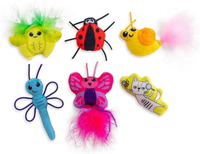 Catstages Cute as a Bug Cat Toys, 6-Pack Interactive Catnip Plush Toys with Crinkle, Feathers & Dental Mesh, Multicolored