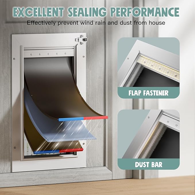 Dog Door for Door All Aluminum Alloy 3 Flaps White, Medium Doggy Doggie Door, Cat Door Heavy Duty Pet Door for Dogs, Insulation Flap and Lockable Closing Panel, Durable Rust Resistant, Pet Up to 45lb