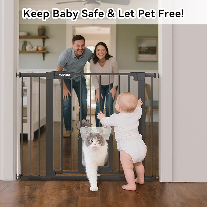 30 Inch Tall Dog Gate with Cat Door, Adjustable Width (29.7-57 Inches) for Doorways, Hallways & Stairs, Pressure-Mounted Walk-Through Dog Gate with Auto-Close & Double Lock Safety（Black）