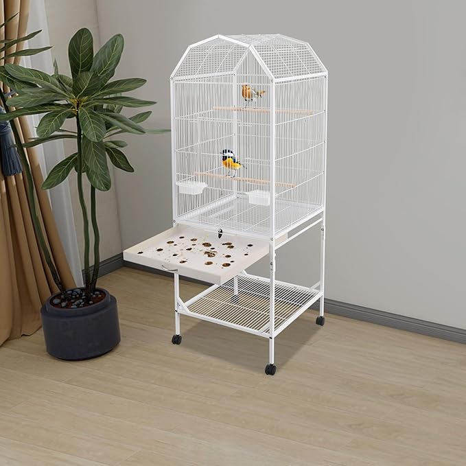 Large Bird Cage with Stand & Wheels, Freestanding Parakeet Birdcage, 53.5 Inch Bird Flight Cages for Parrot Canaries Cockatiels Budgie Parrotlet (White-B)
