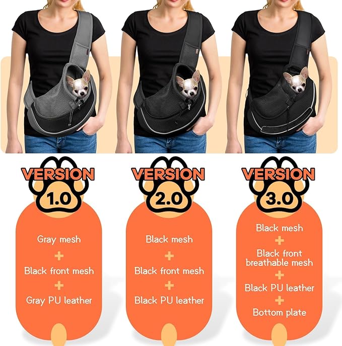 YUDODO Pet Sling Carrier for 5-9 lbs Small Dogs & Cats – Hands-Free Puppy Carrier with Safety Hook, Large Zipper Pocket, Soft Breathable Mesh, Adjustable Strap & Reflective Strip (Black 2.0 M)