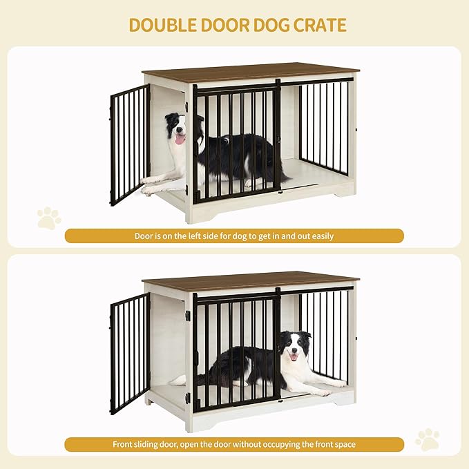 39.4" Heavy Duty Dog Crate Furniture with Barn Door, Wood Indoor Dog Crate Kennel for Small/Medium/Large Dogs, End Side Table, TV Stand, Anti-Chew Anti-Escape, White Brown DFC02314B