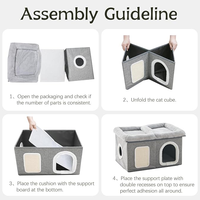 WINDRACING Cat Beds for Indoor Cats - Extra Wide Cat House for Pet and Foldable Cat Cave Bed with Scratch Pad, Cat Hideaway Condo for Kitten, 24.4x16.9x14.2 inches, Light Grey