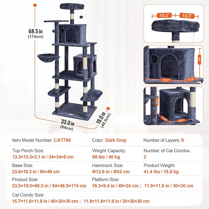 VEVOR Cat Tree for Indoor Cats, 68.5" Cat Tower with 2 Cat Condos, Sisal Scratching Post, Hammock, Top Perch, Jumping Platforms, Large Cat Furniture Activity Center with Hang Ball, Dark Grey