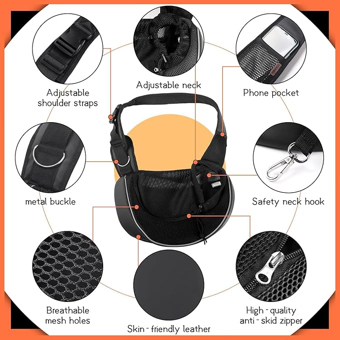 YUDODO Pet Sling Carrier for 2-5 lbs Small Dogs & Cats – Hands-Free Puppy Carrier with Safety Hook, Large Zipper Pocket, Soft Breathable Mesh, Adjustable Strap & Reflective Strip (Black 3.0 S)