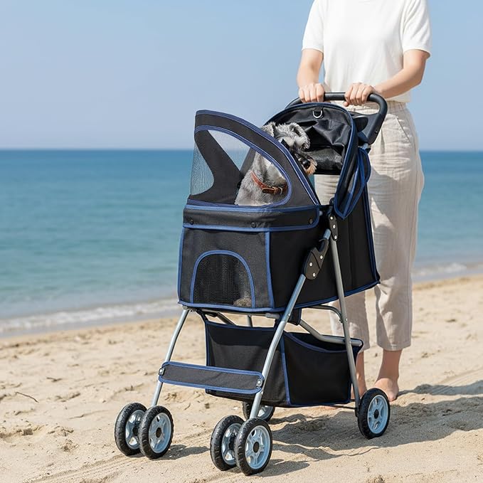 DUMOS 4 Wheels Pet Stroller for Small Dogs and Cats – Foldable Dog Stroller with Mesh Windows, Storage Basket & Cup Holder, Lightweight & Durable Pet Carrier for Travel, Outdoor Use – Black