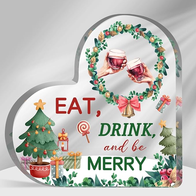 Toerifer Christmas Heart Shape Acrylic Sign, 3.9" x 3.9" Paperweight, Red, Vintage Style, Tabletop, Home & Office Decor, Seasonal Gift