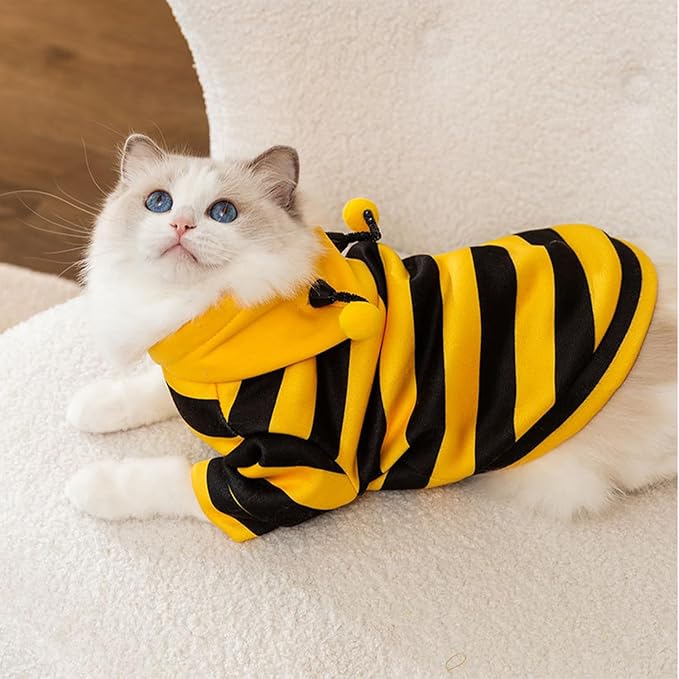 DENTRUN Sphynx Hairless Cats Costume Funny Bee Warm Winter Sweater Cute Pullover Kitten Shirts Breathable Cat Leisure Wear Turtleneck Vest Adorable Cat's Clothes Jacket Pajamas Jumpsuit, L