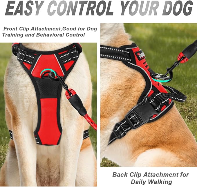BARKBAY No Pull Dog Harness Front Clip Heavy Duty Reflective Easy Control Handle for Large Dog Walking(Red,L)
