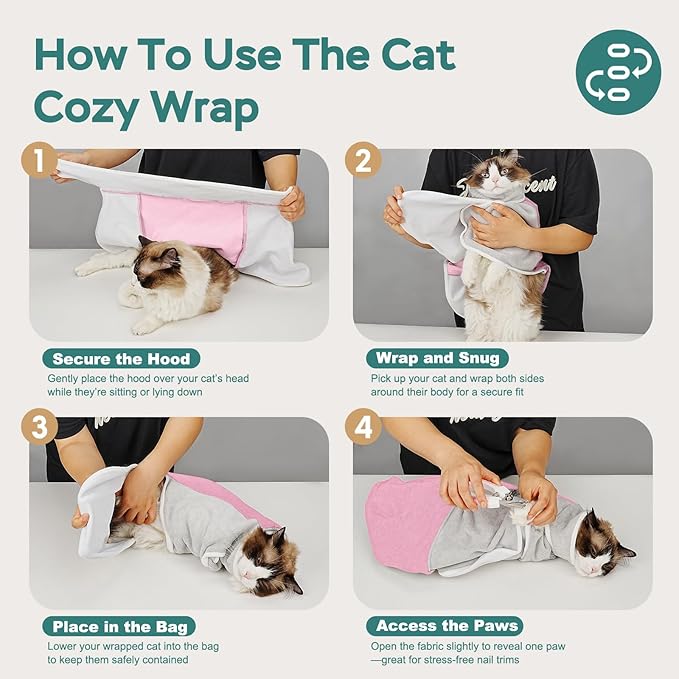 Self-Adhesive Cat Grooming Wrap, Cozy Cat Wrap for Cutting Nails, Breathable Anti-Scratch Cats Swaddle Bag for Brushing, Ear Cleaning, Dental Care, Medication, Injections,Pink L
