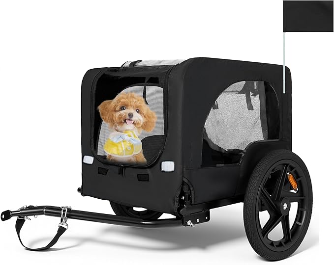 Heavy-Duty Dog Bike Trailer & Collapsible Pet Carrier for Bike with 16-Inch All-Terrain Wheels, Universal Hitch, Safety Flag & Weather-Resistant Design for Outdoor Adventures