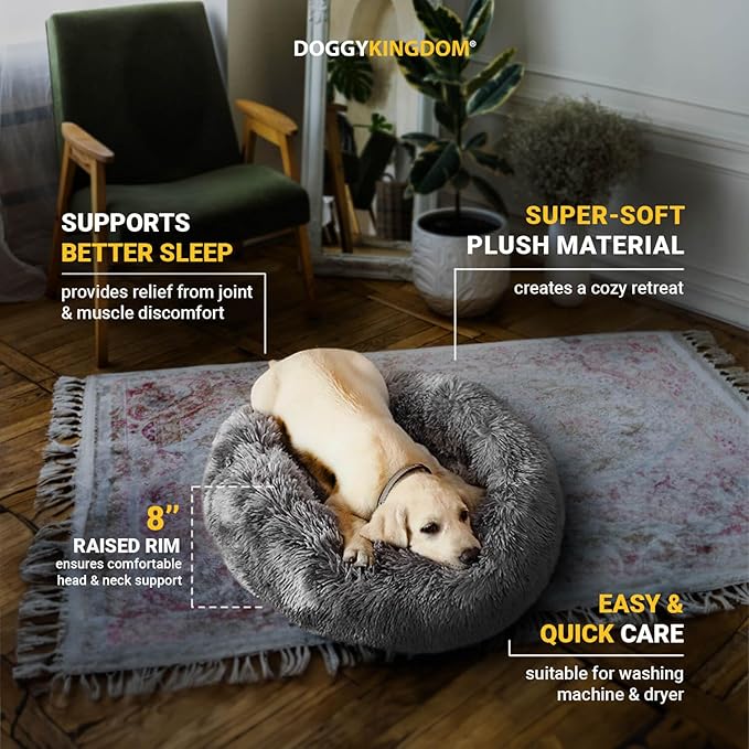 Calming Round Donut Dog Bed Pillow, Washable, Anti Anxiety, Anti-Slip, Cozy Soft Cuddler Comfort Bed with Fluffy Plush Faux Fur for Large Medium Small Sized Dog - Beige, M 31 inch