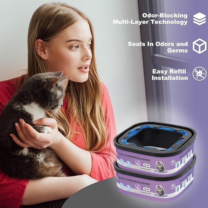 2 Pack Cat Litter Refill Bags Cartridges Compatible with Genie Cat Standard,Plus,Style,XL+ Pails,100% Odor Control